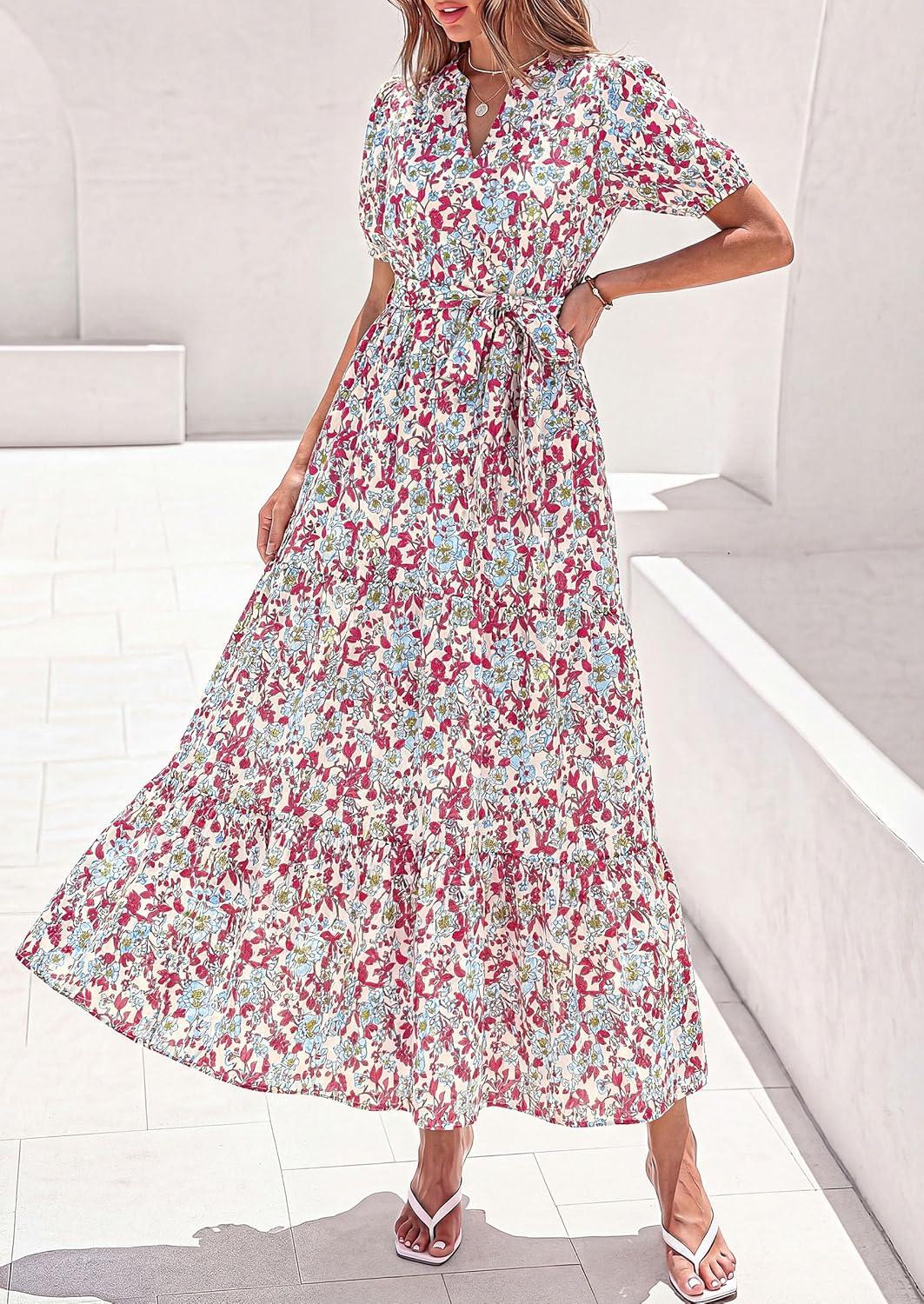 imagePRETTYGARDEN Womens Summer Maxi Dresses Boho Floral Short Sleeve V Neck Casual Wedding Guest 2026 Beach Vacation OutfitsFloral Beige Multicolored