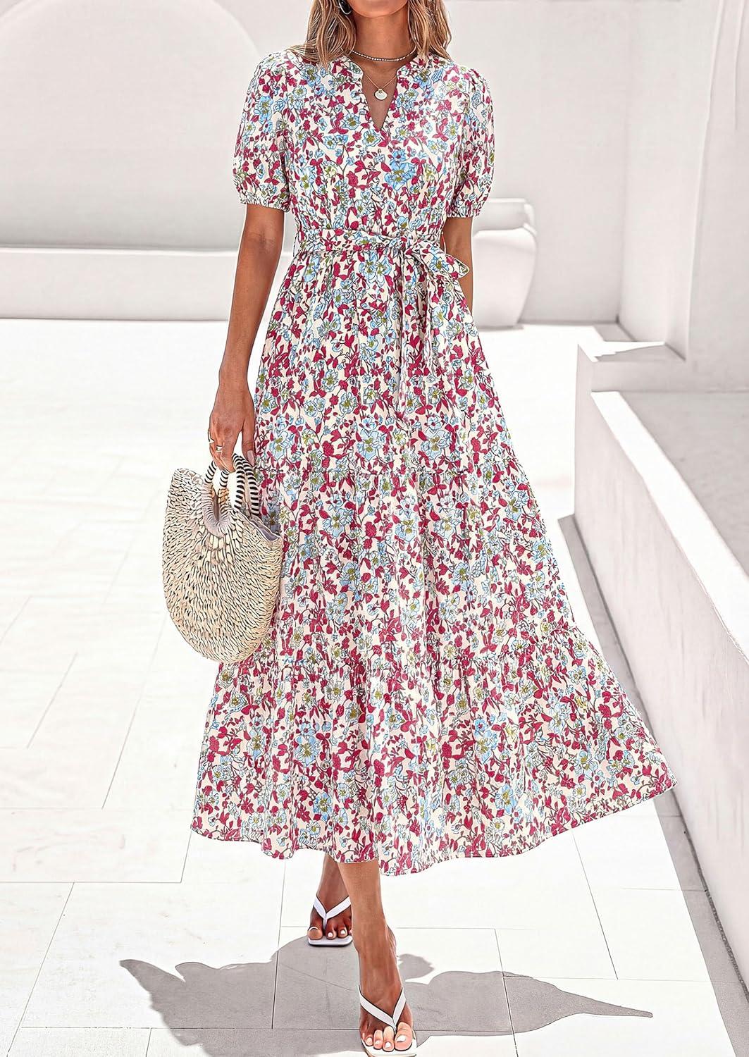 imagePRETTYGARDEN Womens Summer Maxi Dresses Boho Floral Short Sleeve V Neck Casual Wedding Guest 2026 Beach Vacation OutfitsFloral Beige Multicolored