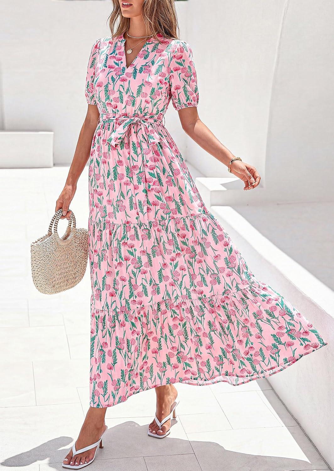 imagePRETTYGARDEN Womens Summer Maxi Dresses Boho Floral Short Sleeve V Neck Casual Wedding Guest 2026 Beach Vacation OutfitsFloral Pink Multicolored