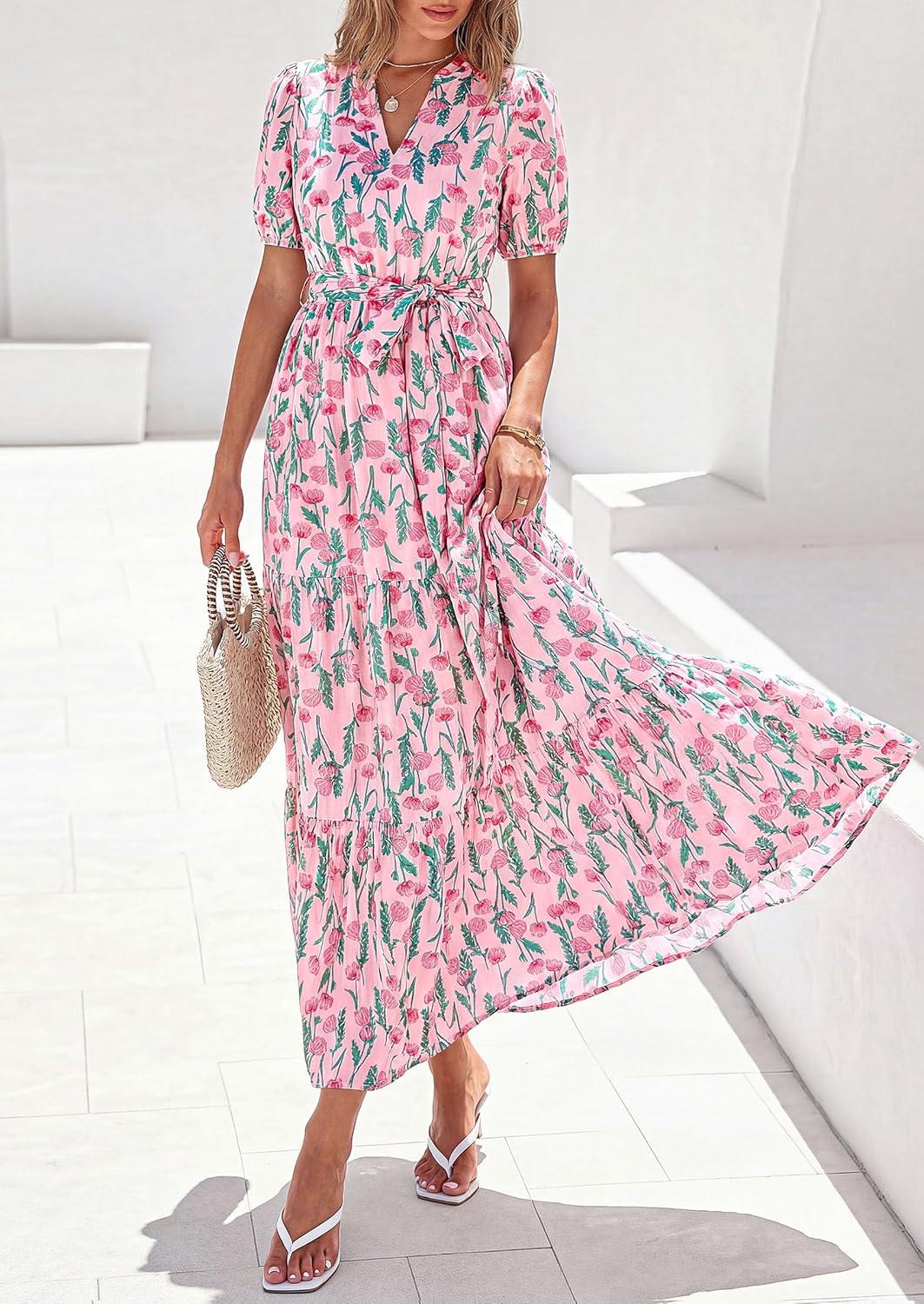 imagePRETTYGARDEN Womens Summer Maxi Dresses Boho Floral Short Sleeve V Neck Casual Wedding Guest 2026 Beach Vacation OutfitsFloral Pink Multicolored