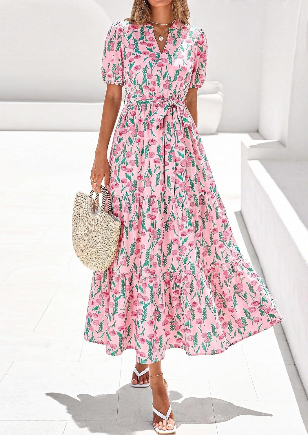 imagePRETTYGARDEN Womens Summer Maxi Dresses Boho Floral Short Sleeve V Neck Casual Wedding Guest 2026 Beach Vacation OutfitsFloral Pink Multicolored