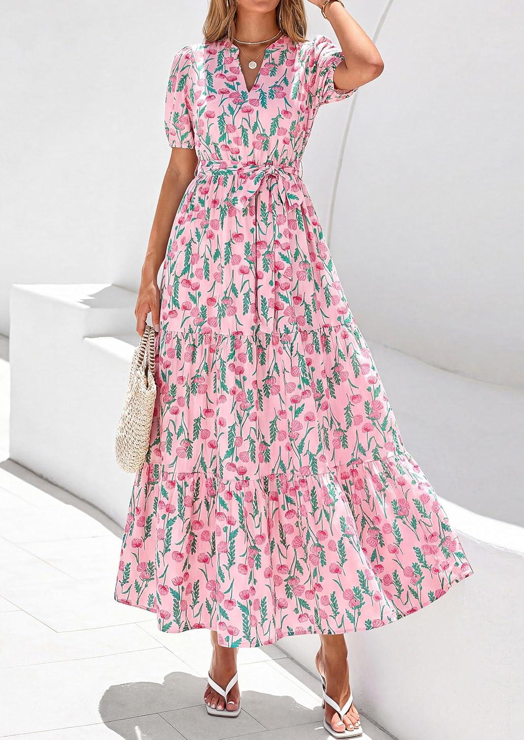 imagePRETTYGARDEN Womens Summer Maxi Dresses Boho Floral Short Sleeve V Neck Casual Wedding Guest 2026 Beach Vacation OutfitsFloral Pink Multicolored