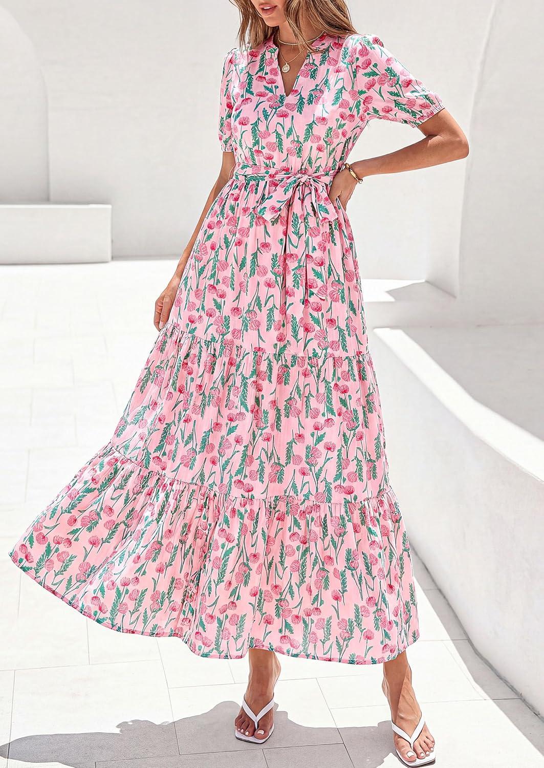 imagePRETTYGARDEN Womens Summer Maxi Dresses Boho Floral Short Sleeve V Neck Casual Wedding Guest 2026 Beach Vacation OutfitsFloral Pink Multicolored