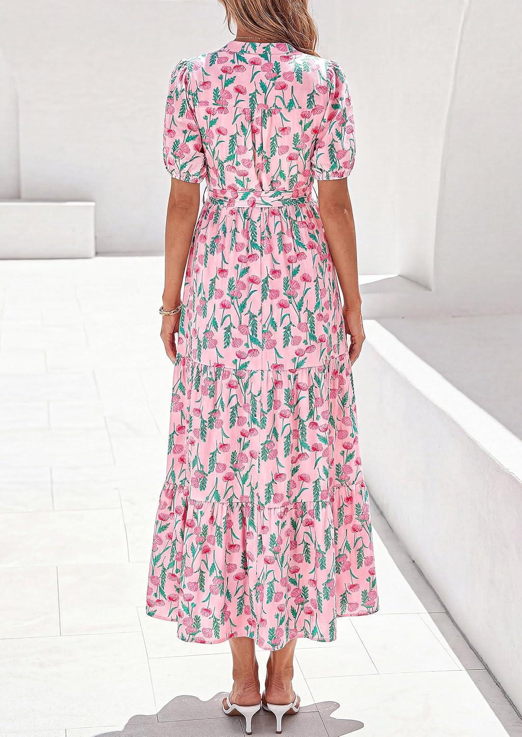 imagePRETTYGARDEN Womens Summer Maxi Dresses Boho Floral Short Sleeve V Neck Casual Wedding Guest 2026 Beach Vacation OutfitsFloral Pink Multicolored