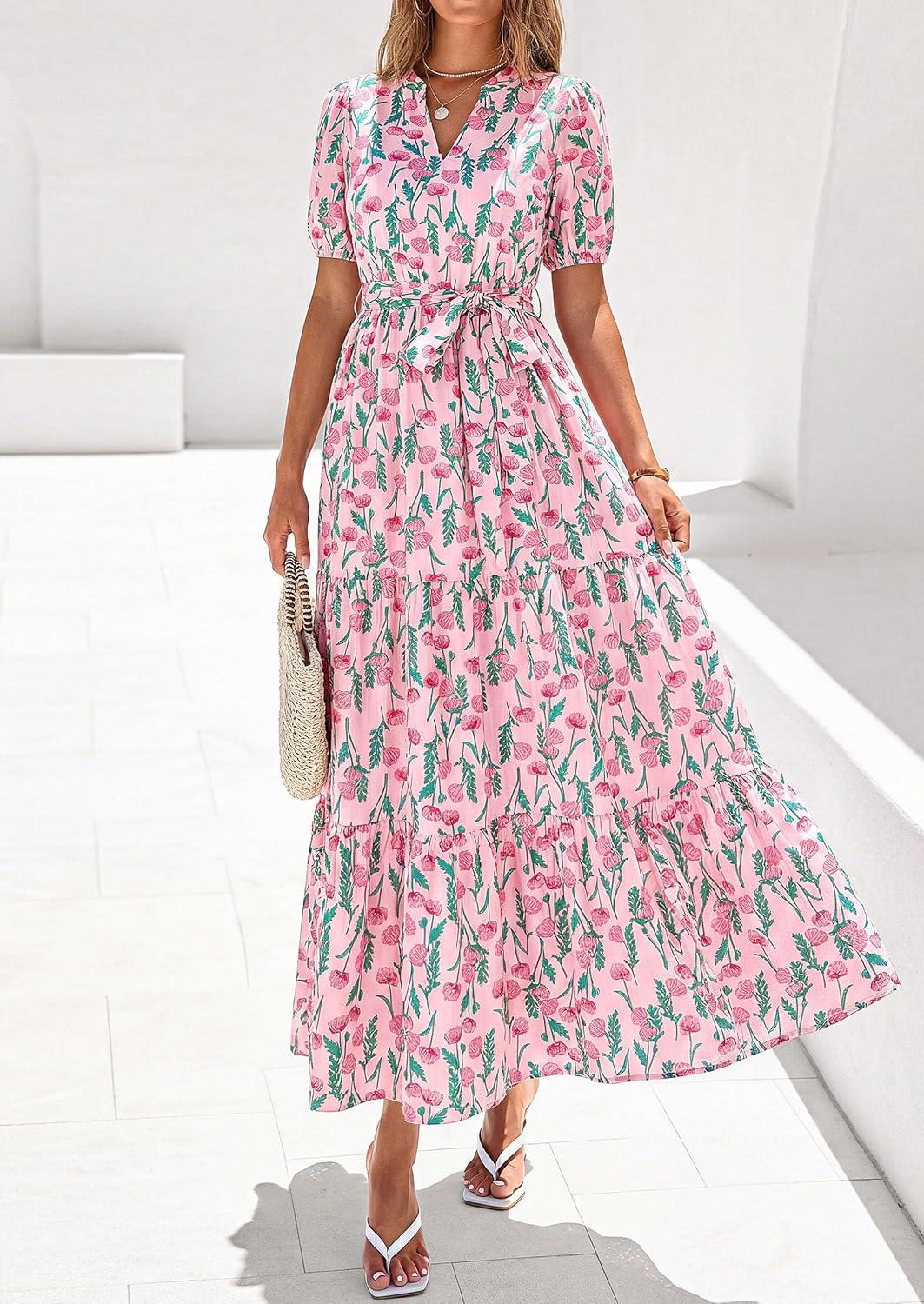imagePRETTYGARDEN Womens Summer Maxi Dresses Boho Floral Short Sleeve V Neck Casual Wedding Guest 2026 Beach Vacation OutfitsFloral Pink Multicolored