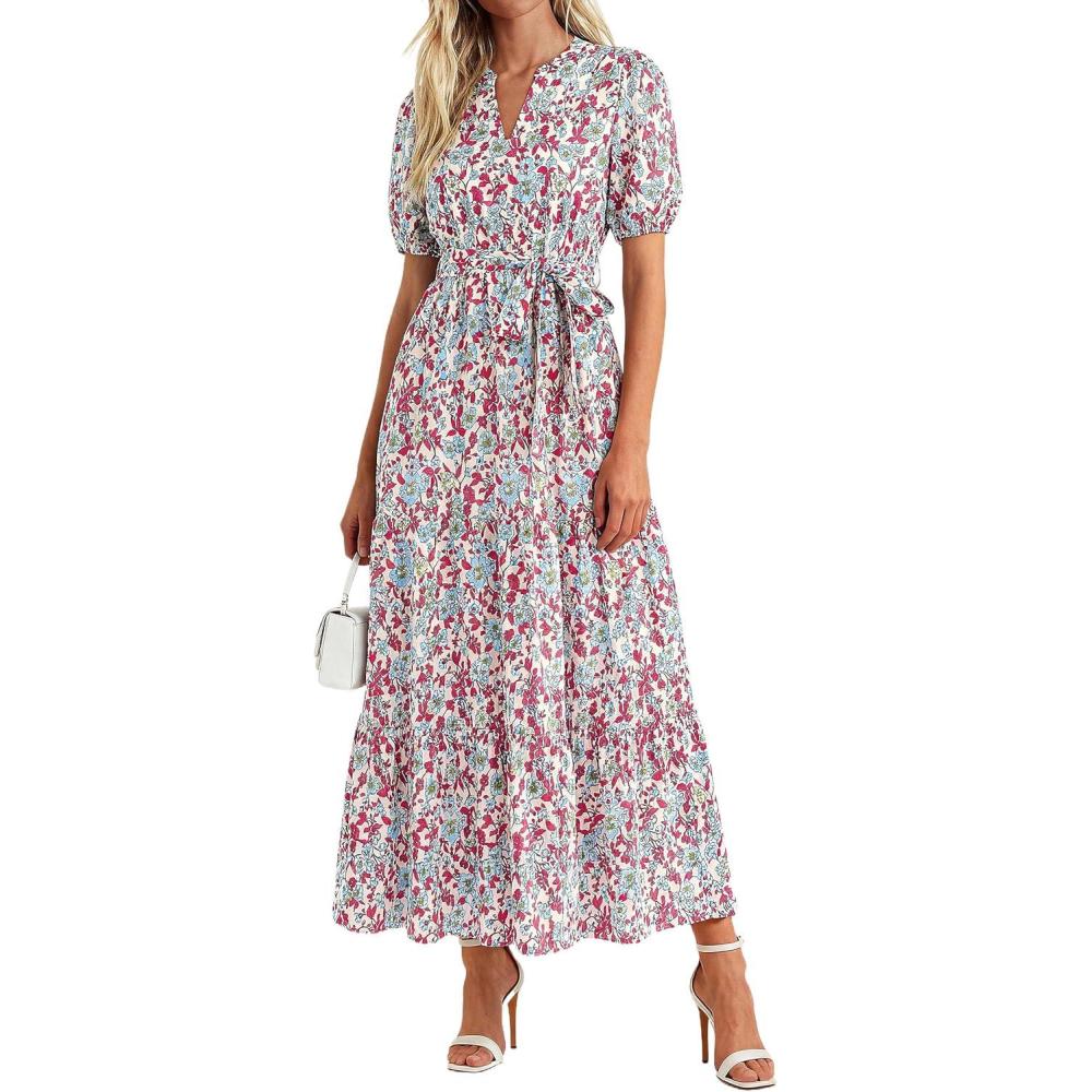 imagePRETTYGARDEN Womens Summer Maxi Dresses Boho Floral Short Sleeve V Neck Casual Wedding Guest 2026 Beach Vacation OutfitsFloral Beige Multicolored