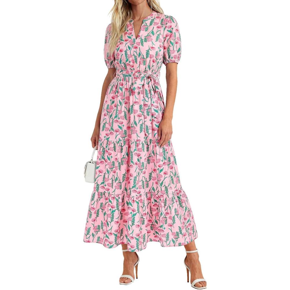 imagePRETTYGARDEN Womens Summer Maxi Dresses Boho Floral Short Sleeve V Neck Casual Wedding Guest 2026 Beach Vacation OutfitsFloral Pink Multicolored
