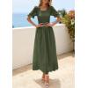 imagePRETTYGARDEN Womens Maxi Smocked Eyelet Dress Summer 2026 Short Puff Sleeve Long Flowy Boho Beach Party Sun Dresses PocketsArmy Green