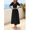 imagePRETTYGARDEN Womens Maxi Smocked Eyelet Dress Summer 2026 Short Puff Sleeve Long Flowy Boho Beach Party Sun Dresses PocketsBlack