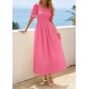 imagePRETTYGARDEN Womens Maxi Smocked Eyelet Dress Summer 2026 Short Puff Sleeve Long Flowy Boho Beach Party Sun Dresses PocketsPink