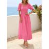imagePRETTYGARDEN Womens Maxi Smocked Eyelet Dress Summer 2026 Short Puff Sleeve Long Flowy Boho Beach Party Sun Dresses PocketsPink