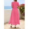 imagePRETTYGARDEN Womens Maxi Smocked Eyelet Dress Summer 2026 Short Puff Sleeve Long Flowy Boho Beach Party Sun Dresses PocketsPink