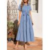 imagePRETTYGARDEN Womens Summer Maxi Button Up Shirt Dress 2026 Short Sleeve Striped A Line Long Flowy Elegant Spring DressesBlue Striped