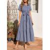 imagePRETTYGARDEN Womens Summer Maxi Button Up Shirt Dress 2026 Short Sleeve Striped A Line Long Flowy Elegant Spring DressesDark Blue Striped
