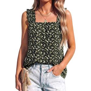 imagePRETTYGARDEN Boho Floral Tank Tops for Women Shirred Straps Pleated Summer Casual Sleeveless Shirts Tops Beach BlousesBlack Yellow Floral