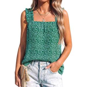 imagePRETTYGARDEN Boho Floral Tank Tops for Women Shirred Straps Pleated Summer Casual Sleeveless Shirts Tops Beach BlousesGreen Blue Floral