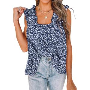 imagePRETTYGARDEN Boho Floral Tank Tops for Women Shirred Straps Pleated Summer Casual Sleeveless Shirts Tops Beach BlousesLight Blue