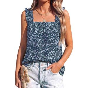 imagePRETTYGARDEN Boho Floral Tank Tops for Women Shirred Straps Pleated Summer Casual Sleeveless Shirts Tops Beach BlousesNavy Purple Floral
