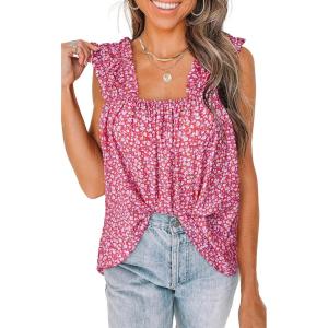 imagePRETTYGARDEN Boho Floral Tank Tops for Women Shirred Straps Pleated Summer Casual Sleeveless Shirts Tops Beach BlousesRed