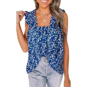 imagePRETTYGARDEN Boho Floral Tank Tops for Women Shirred Straps Pleated Summer Casual Sleeveless Shirts Tops Beach BlousesRoyal Blue