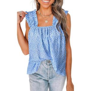 imagePRETTYGARDEN Boho Floral Tank Tops for Women Shirred Straps Pleated Summer Casual Sleeveless Shirts Tops Beach BlousesSky Blue White Flower