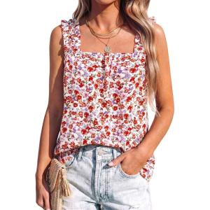 imagePRETTYGARDEN Boho Floral Tank Tops for Women Shirred Straps Pleated Summer Casual Sleeveless Shirts Tops Beach BlousesWhite Red Floral