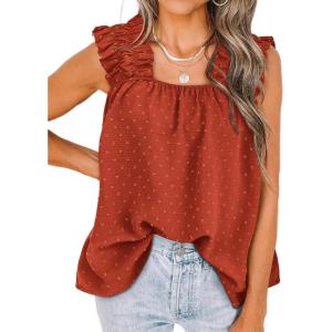imagePRETTYGARDEN Boho Floral Tank Tops for Women Shirred Straps Pleated Summer Casual Sleeveless Shirts Tops Beach BlousesXbrick Red