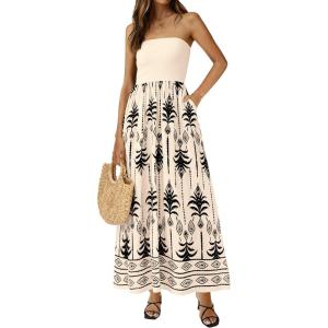 imagePRETTYGARDEN Summer Dresses for Women 2026 Floral Patchwork Strapless Tube Long Flowy Dress Beach Vacation ClothesFloral Apricot Black