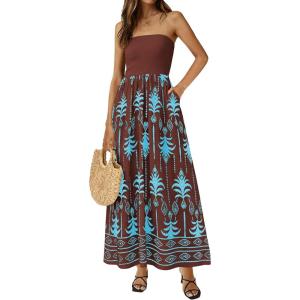 imagePRETTYGARDEN Summer Dresses for Women 2026 Floral Patchwork Strapless Tube Long Flowy Dress Beach Vacation ClothesFloral Brown Blue