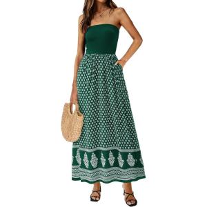 imagePRETTYGARDEN Summer Dresses for Women 2026 Floral Patchwork Strapless Tube Long Flowy Dress Beach Vacation ClothesFloral Green White