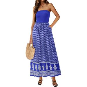 imagePRETTYGARDEN Summer Dresses for Women 2026 Floral Patchwork Strapless Tube Long Flowy Dress Beach Vacation ClothesFloral Royal Blue White
