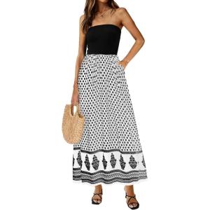imagePRETTYGARDEN Summer Dresses for Women 2026 Floral Patchwork Strapless Tube Long Flowy Dress Beach Vacation ClothesFloral White Black