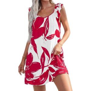 imagePRETTYGARDEN Sundresses for Women 2026 Boho Floral Summer Dresses Ruffle Cap Sleeve Short A Line Mini Beach Vacation DressWhite Red Floral