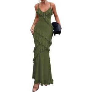 imagePRETTYGARDEN Women 2026 Wedding Guest Cocktail Maxi Dress Spaghetti Strap Sleeveless V Neck Bodycon Mesh Party Summer OutfitsArmy Green