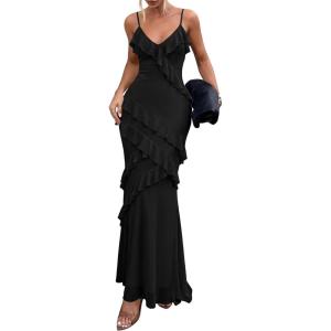 imagePRETTYGARDEN Women 2026 Wedding Guest Cocktail Maxi Dress Spaghetti Strap Sleeveless V Neck Bodycon Mesh Party Summer OutfitsBlack