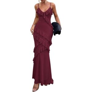 imagePRETTYGARDEN Women 2026 Wedding Guest Cocktail Maxi Dress Spaghetti Strap Sleeveless V Neck Bodycon Mesh Party Summer OutfitsBurgundy