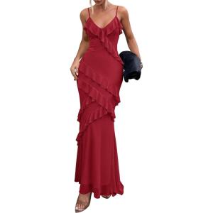imagePRETTYGARDEN Women 2026 Wedding Guest Cocktail Maxi Dress Spaghetti Strap Sleeveless V Neck Bodycon Mesh Party Summer OutfitsRed