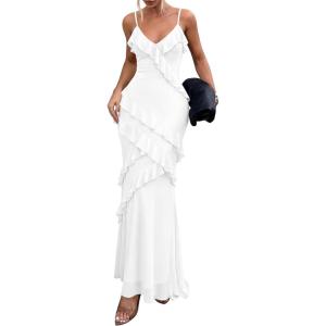 imagePRETTYGARDEN Women 2026 Wedding Guest Cocktail Maxi Dress Spaghetti Strap Sleeveless V Neck Bodycon Mesh Party Summer OutfitsWhite