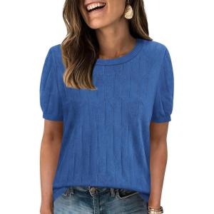 imagePRETTYGARDEN Womens 2026 Spring Short Sleeve Sweater Knit Going Out Tops Work Shirts Trendy Summer Business Casual OutfitsBlue