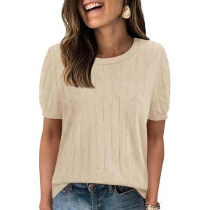 imagePRETTYGARDEN Womens 2026 Spring Short Sleeve Sweater Knit Going Out Tops Work Shirts Trendy Summer Business Casual OutfitsLight Khaki