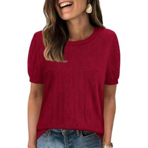 imagePRETTYGARDEN Womens 2026 Spring Short Sleeve Sweater Knit Going Out Tops Work Shirts Trendy Summer Business Casual OutfitsRed