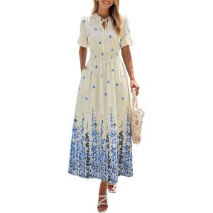 imagePRETTYGARDEN Womens Boho Floral Maxi Dress Summer 2026 Short Sleeve Tie V Neck Spring Wedding Guest Flowy Beach Sun DressesApricot Blue Floral