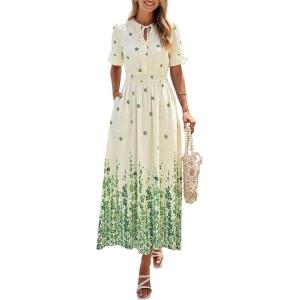 imagePRETTYGARDEN Womens Boho Floral Maxi Dress Summer 2026 Short Sleeve Tie V Neck Spring Wedding Guest Flowy Beach Sun DressesApricot Green Floral