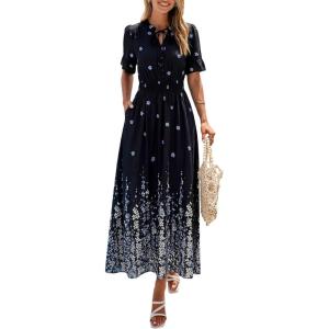 imagePRETTYGARDEN Womens Boho Floral Maxi Dress Summer 2026 Short Sleeve Tie V Neck Spring Wedding Guest Flowy Beach Sun DressesBlack White Floral