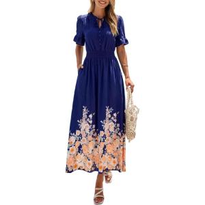 imagePRETTYGARDEN Womens Boho Floral Maxi Dress Summer 2026 Short Sleeve Tie V Neck Spring Wedding Guest Flowy Beach Sun DressesNavy Blue