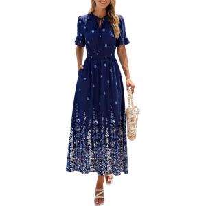 imagePRETTYGARDEN Womens Boho Floral Maxi Dress Summer 2026 Short Sleeve Tie V Neck Spring Wedding Guest Flowy Beach Sun DressesNavy Blue White Floral