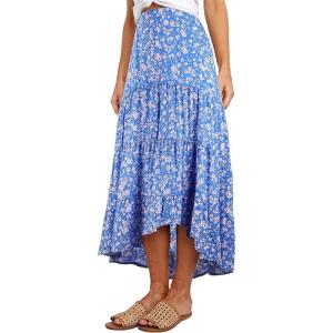 imagePRETTYGARDEN Womens Ditzy Floral Print Midi Skirt Boho Elastic High Waist Long Skirts for Women Trendy High Low HemBlue