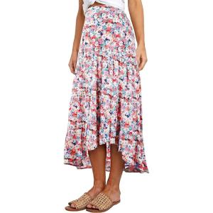 imagePRETTYGARDEN Womens Ditzy Floral Print Midi Skirt Boho Elastic High Waist Long Skirts for Women Trendy High Low HemBlue Red