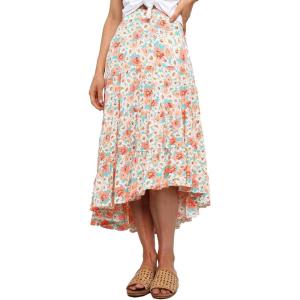 imagePRETTYGARDEN Womens Ditzy Floral Print Midi Skirt Boho Elastic High Waist Long Skirts for Women Trendy High Low HemFloral Apricot
