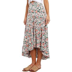 imagePRETTYGARDEN Womens Ditzy Floral Print Midi Skirt Boho Elastic High Waist Long Skirts for Women Trendy High Low HemFloral Black